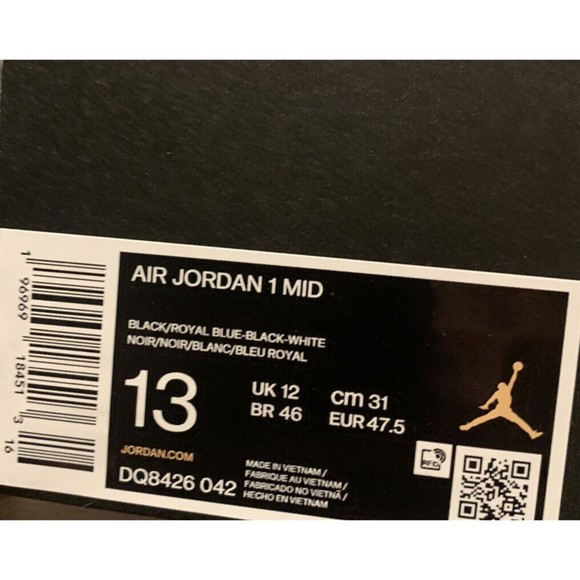 Nike Air Jordan 1 Mid Men\'s Size 13 DQ8426-042 Black / White / Royal Blue